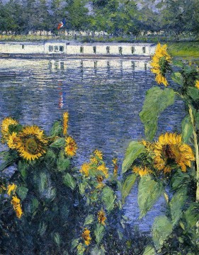 Gustave Caillebotte Painting - Sunflowers on the Banks of the Seine landscape Gustave Caillebotte
